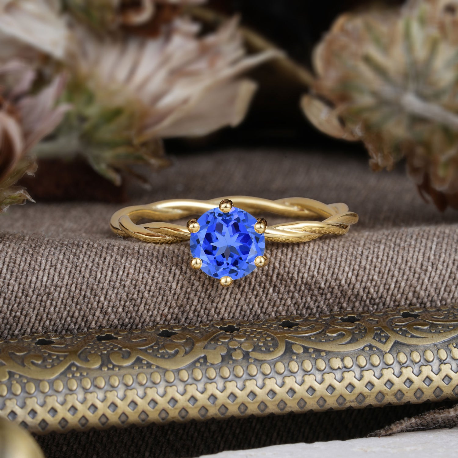6 Prong Round Cut Sapphire Timeless Solitaire Engagement Ring with Twisted Band