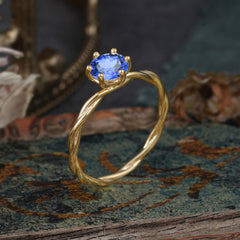 6 Prong Round Cut Sapphire Timeless Solitaire Engagement Ring with Twisted Band