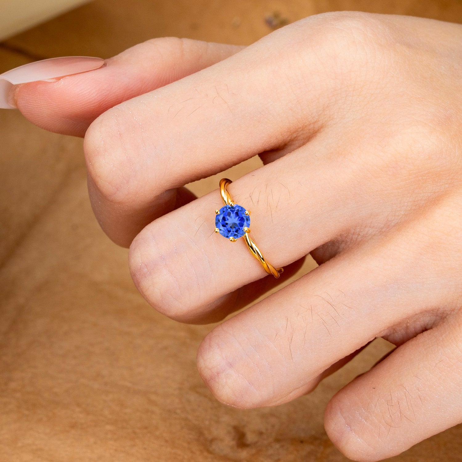 6 Prong Round Cut Sapphire Timeless Solitaire Engagement Ring with Twisted Band