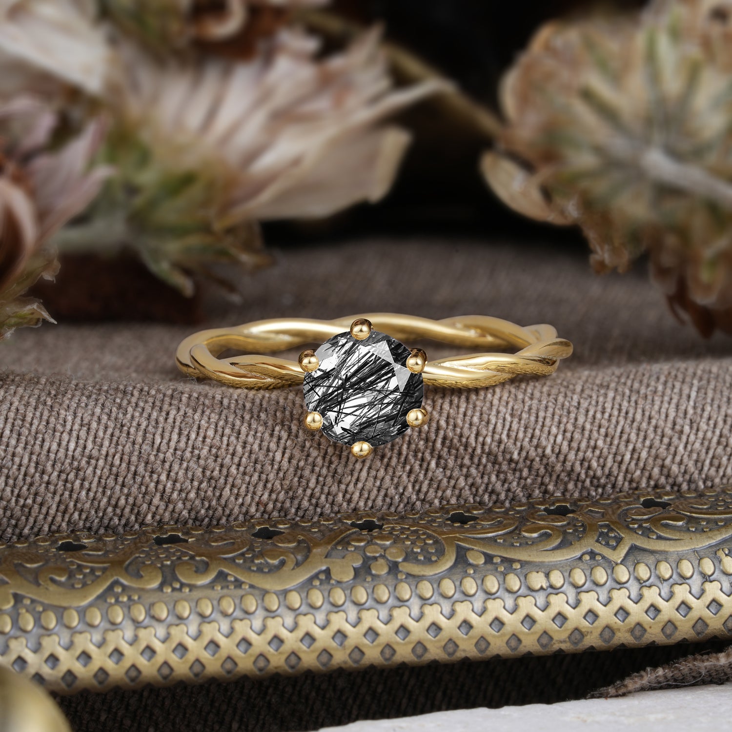 Round Cut Black Rutilated Quartz Timeless Solitaire Engagement Ring with Twisted Band