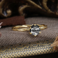 Round Cut Black Rutilated Quartz Timeless Solitaire Engagement Ring with Twisted Band