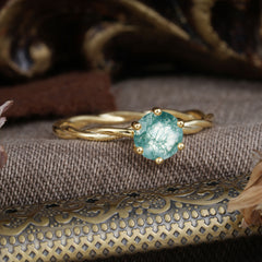 Round Cut Moss Agate Timeless Solitaire Engagement Ring with Twisted Band