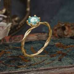 Round Cut Moss Agate Timeless Solitaire Engagement Ring with Twisted Band