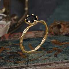 Round Cut Black Onyx Timeless Solitaire Engagement Ring with Twisted Band