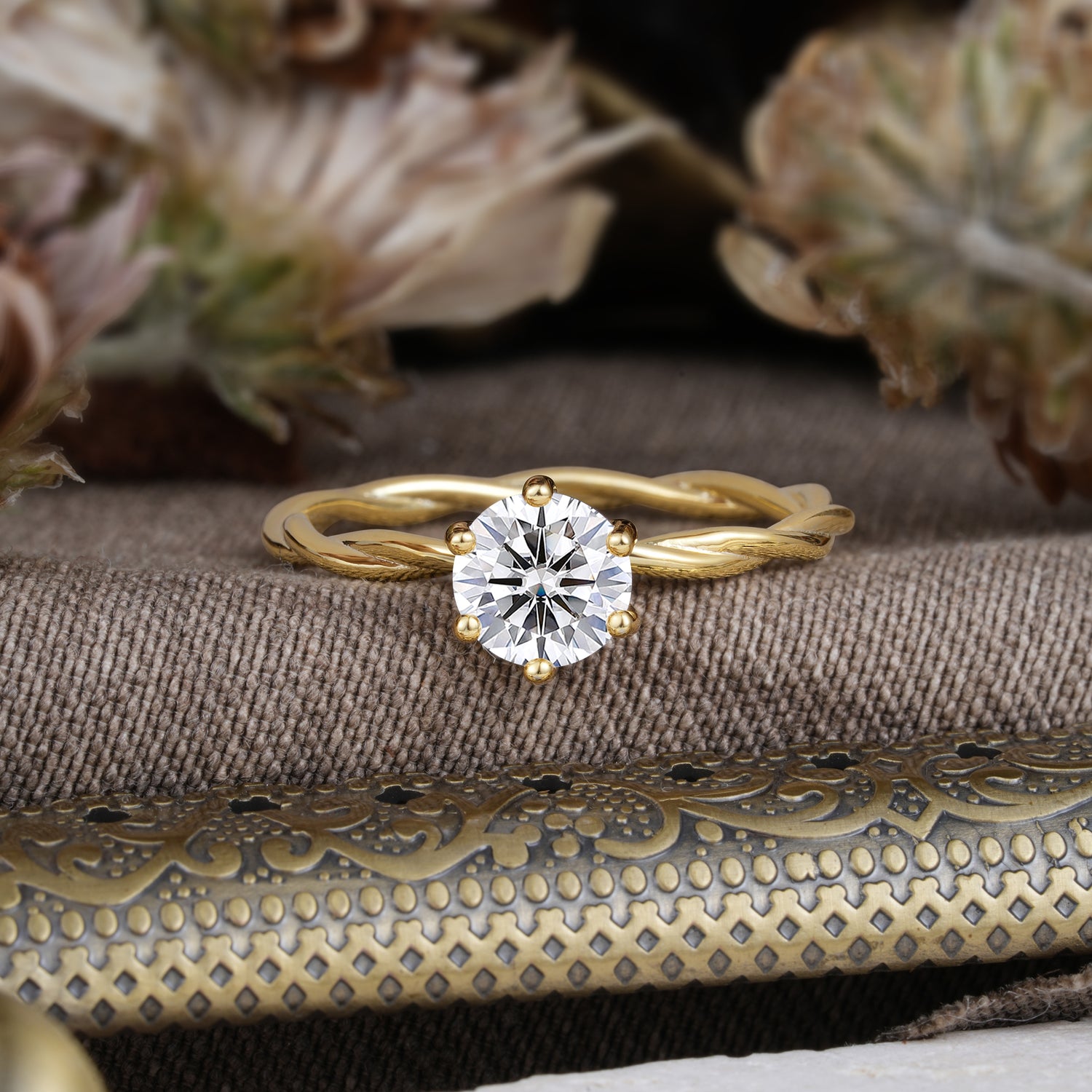 Round Cut Lab Diamond Timeless Solitaire Engagement Ring with Twisted Band