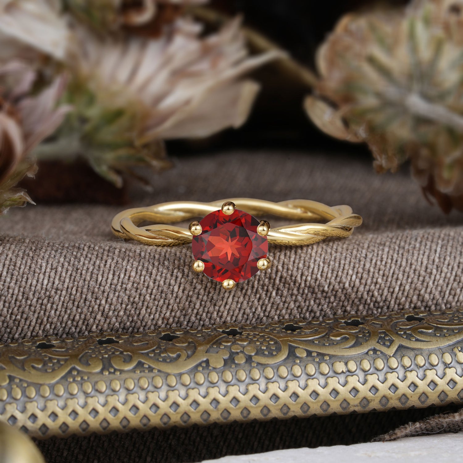 Round Cut Garnet Timeless Solitaire Engagement Ring with Twisted Band