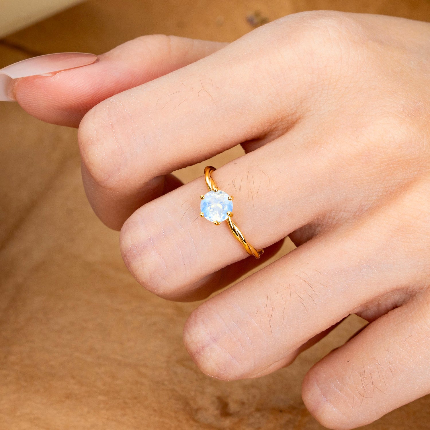 Round Cut Moonstone Timeless Solitaire Engagement Ring with Twisted Band