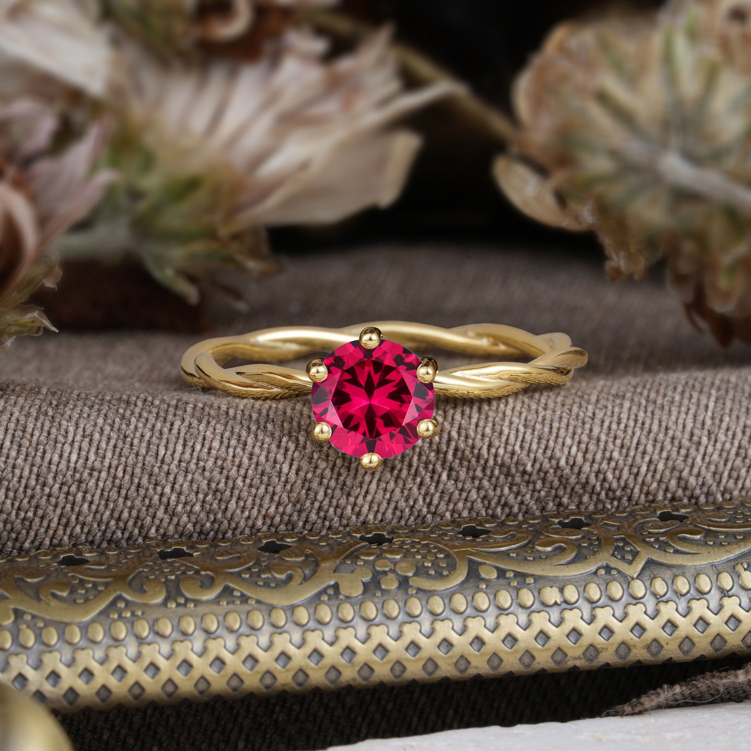 Round Cut Ruby Timeless Solitaire Engagement Ring with Twisted Band