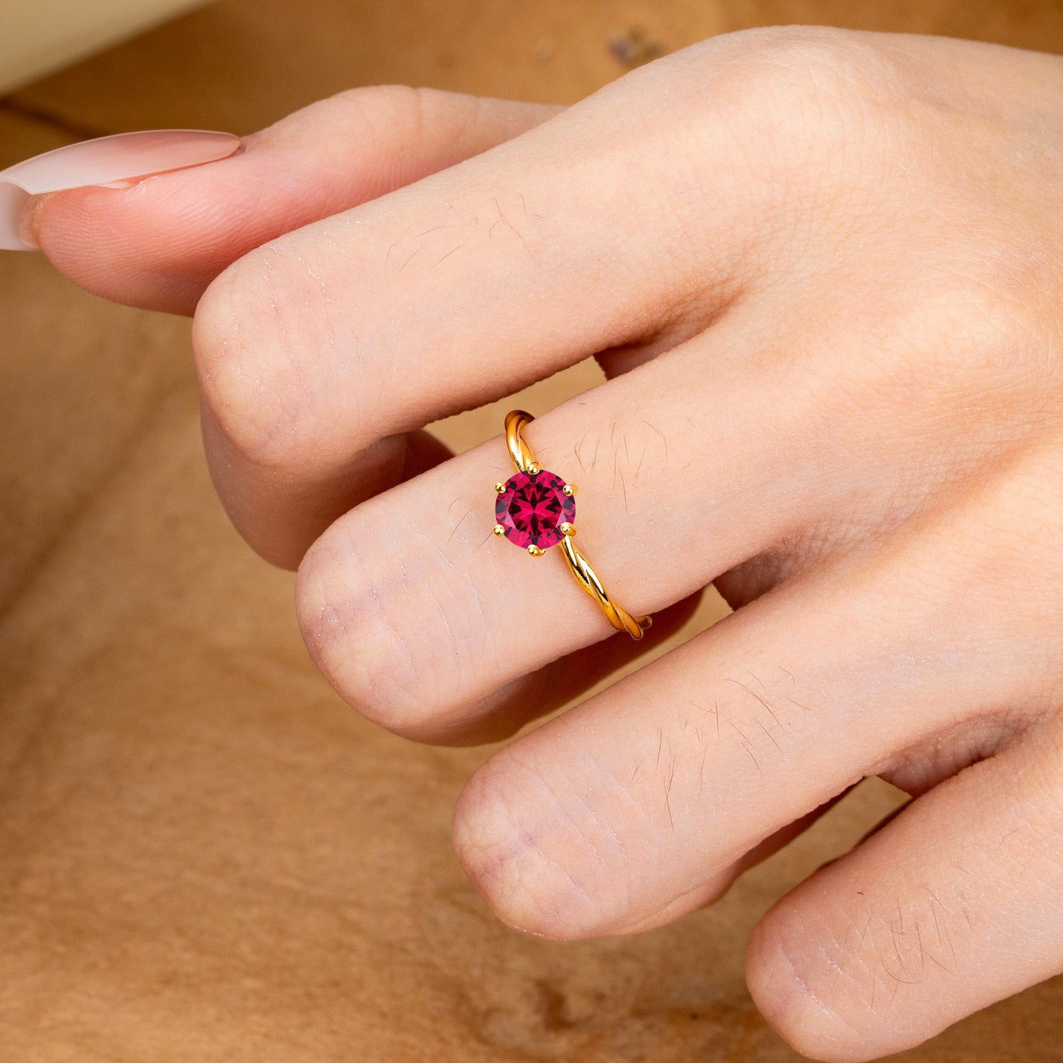 Round Cut Ruby Timeless Solitaire Engagement Ring with Twisted Band