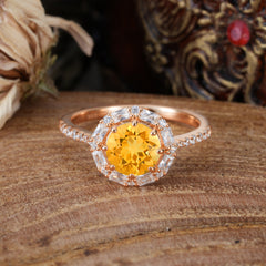 1.5 Carat Round Cut Halo Cluster Citrine Wedding Ring Pave Flower Promise Ring
