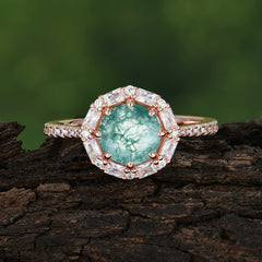 1.5 Carat Round Cut Halo Cluster Moss Agate Wedding Ring Pave Flower Promise Ring