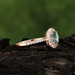 1.5 Carat Round Cut Halo Cluster Moss Agate Wedding Ring Pave Flower Promise Ring
