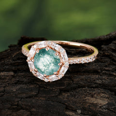 1.5 Carat Round Cut Halo Cluster Moss Agate Wedding Ring Pave Flower Promise Ring