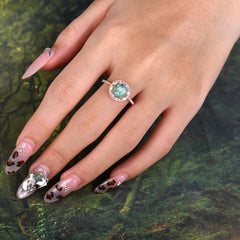 1.5 Carat Round Cut Halo Cluster Moss Agate Wedding Ring Pave Flower Promise Ring