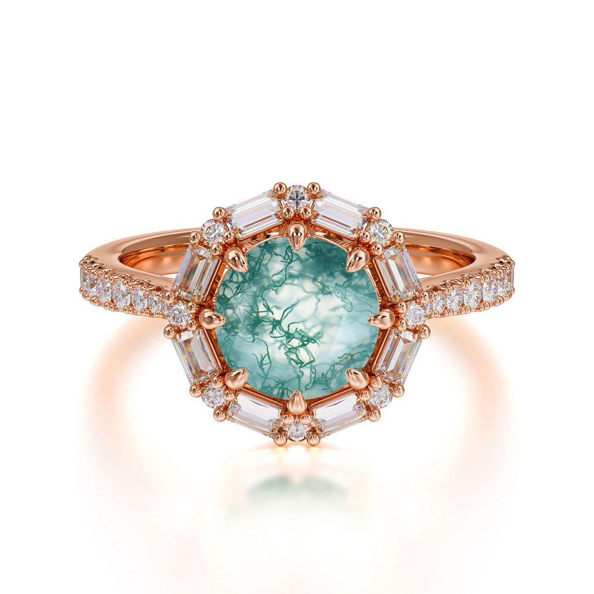 1.5 Carat Round Cut Halo Cluster Moss Agate Wedding Ring Pave Flower Promise Ring