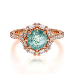 1.5 Carat Round Cut Halo Cluster Moss Agate Wedding Ring Pave Flower Promise Ring
