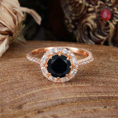 1.5 Carat Round Cut Halo Cluster Black Onyx Wedding Ring Pave Flower Promise Ring