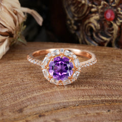 1.5 Carat Round Cut Halo Cluster Amethyst Wedding Ring Pave Flower Promise Ring