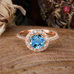 1.5ct Round Wedding Ring 8 Prong Aquamarine Cluster Setting | Pave Flower Promise Ring for Women