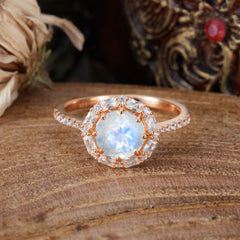1.5 Carat Round Cut Halo Cluster Moonstone Wedding Ring Pave Flower Promise Ring