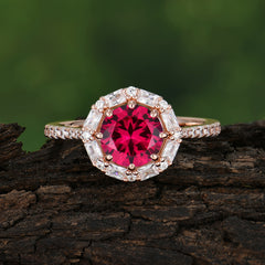 1.5 Carat Round Cut Halo Cluster Ruby Wedding Ring Pave Flower Promise Ring