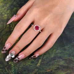 1.5 Carat Round Cut Halo Cluster Ruby Wedding Ring Pave Flower Promise Ring