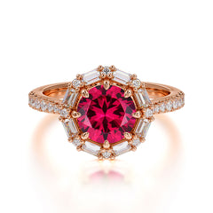 1.5 Carat Round Cut Halo Cluster Ruby Wedding Ring Pave Flower Promise Ring