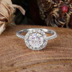 1.5 Carat Round Cut Halo Cluster Moissanite Wedding Ring Pave Flower Promise Ring