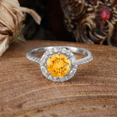 1.5 Carat Round Cut Halo Cluster Citrine Wedding Ring Pave Flower Promise Ring