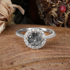 1.5ct Round Wedding Ring 8 Prong Black Rutilated Quartz Cluster Setting | Pave Flower Promise Ring for Women