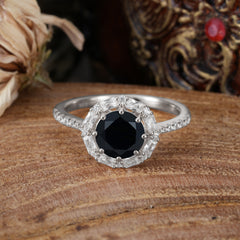 1.5 Carat Round Cut Halo Cluster Black Onyx Wedding Ring Pave Flower Promise Ring