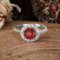 1.5 Carat Round Cut Halo Cluster Garnet Wedding Ring Pave Flower Promise Ring