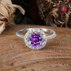 1.5 Carat Round Cut Halo Cluster Amethyst Wedding Ring Pave Flower Promise Ring