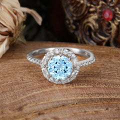 1.5ct Round Wedding Ring 8 Prong Aquamarine Cluster Setting | Pave Flower Promise Ring for Women