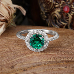 1.5ct Round Wedding Ring 8 Prong Emerald Cluster Setting | Pave Flower Promise Ring for Women