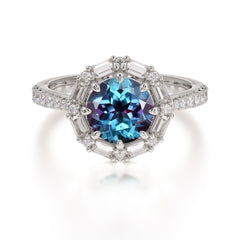 1.5 Carat Round Cut Halo Cluster Alexandrite Wedding Ring Pave Flower Promise Ring