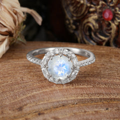 1.5 Carat Round Cut Halo Cluster Moonstone Wedding Ring Pave Flower Promise Ring