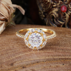 1.5 Carat Round Cut Halo Cluster Moissanite Wedding Ring Pave Flower Promise Ring