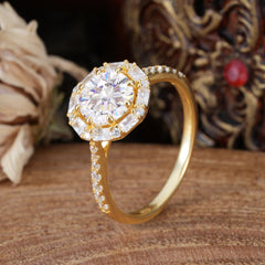 1.5 Carat Round Cut Halo Cluster Moissanite Wedding Ring Pave Flower Promise Ring