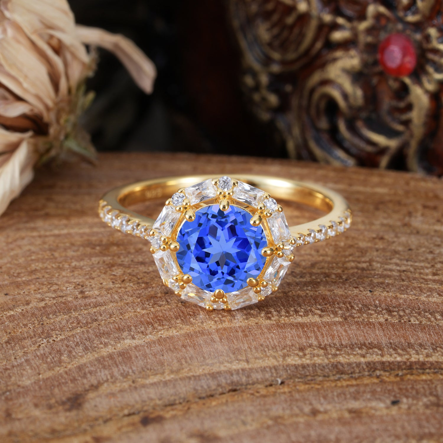 1.5ct Round Sapphire Halo Cluster Engagement Ring
