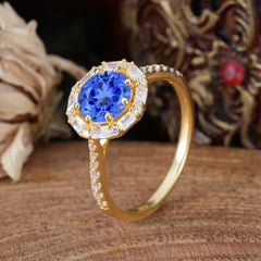 1.5ct Round Sapphire Wedding Ring  8 Prong Halo Cluster Setting | Pave Flower Promise Ring for Women