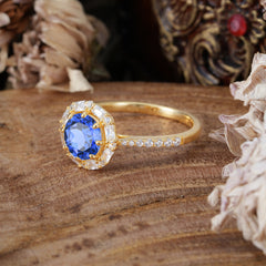 1.5ct Round Sapphire Wedding Ring  8 Prong Halo Cluster Setting | Pave Flower Promise Ring for Women