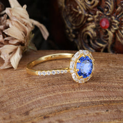 1.5ct Round Sapphire Wedding Ring  8 Prong Halo Cluster Setting | Pave Flower Promise Ring for Women