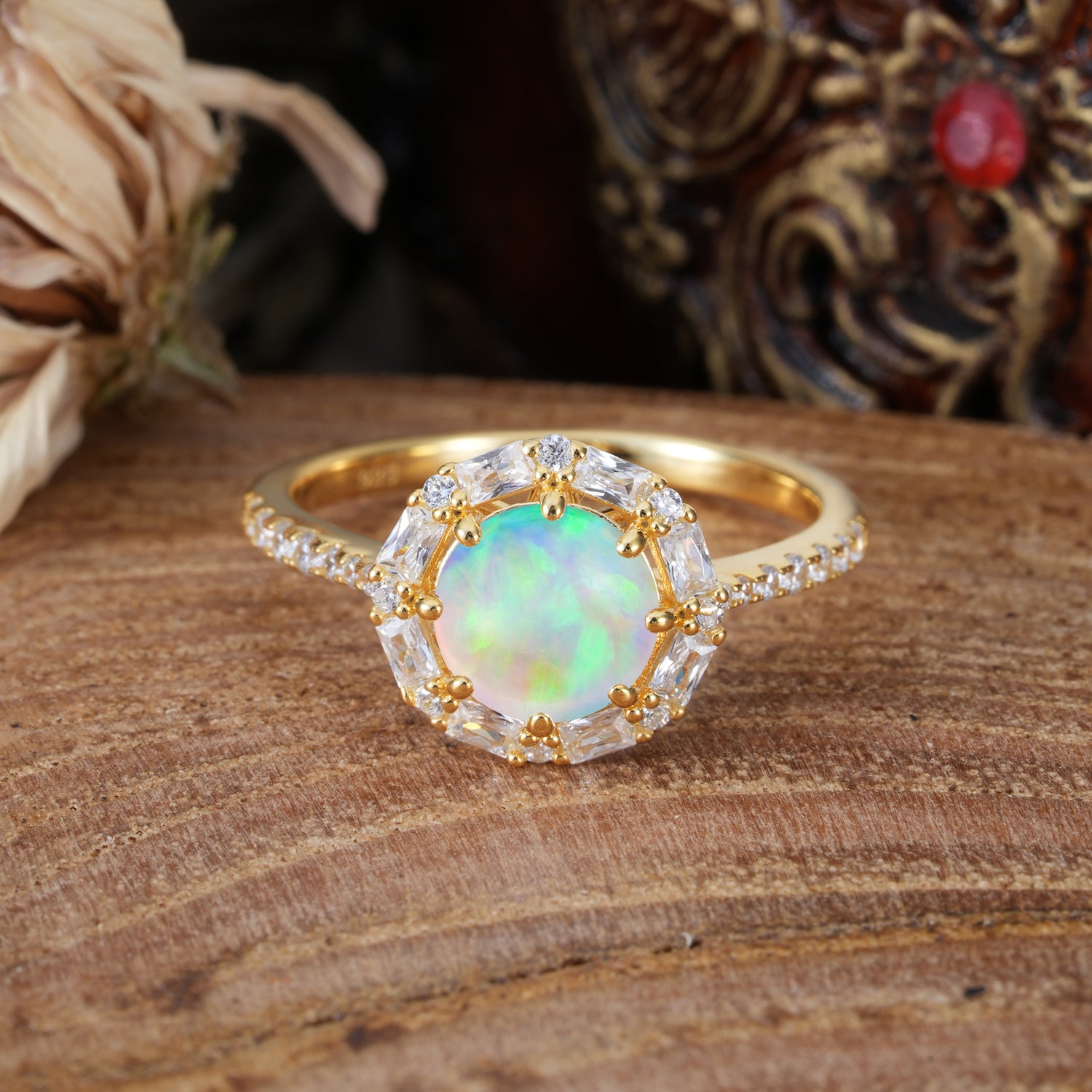 1.5ct Round Opal Halo Cluster Engagement Ring