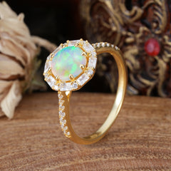 1.5ct Round Opal Wedding Ring  8 Prong Halo Cluster Setting | Pave Flower Promise Ring for Women