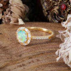 1.5ct Round Opal Wedding Ring  8 Prong Halo Cluster Setting | Pave Flower Promise Ring for Women