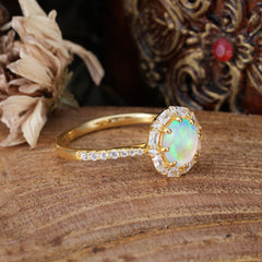 1.5ct Round Opal Wedding Ring  8 Prong Halo Cluster Setting | Pave Flower Promise Ring for Women