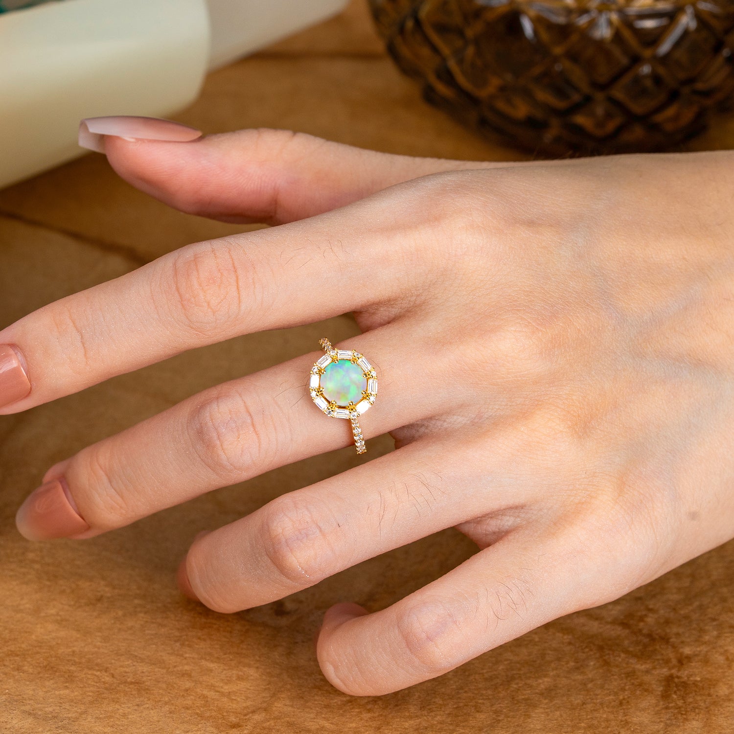 1.5ct Round Opal Halo Cluster Engagement Ring