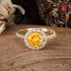 1.5 Carat Round Cut Halo Cluster Citrine Wedding Ring Pave Flower Promise Ring