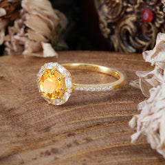 1.5 Carat Round Cut Halo Cluster Citrine Wedding Ring Pave Flower Promise Ring